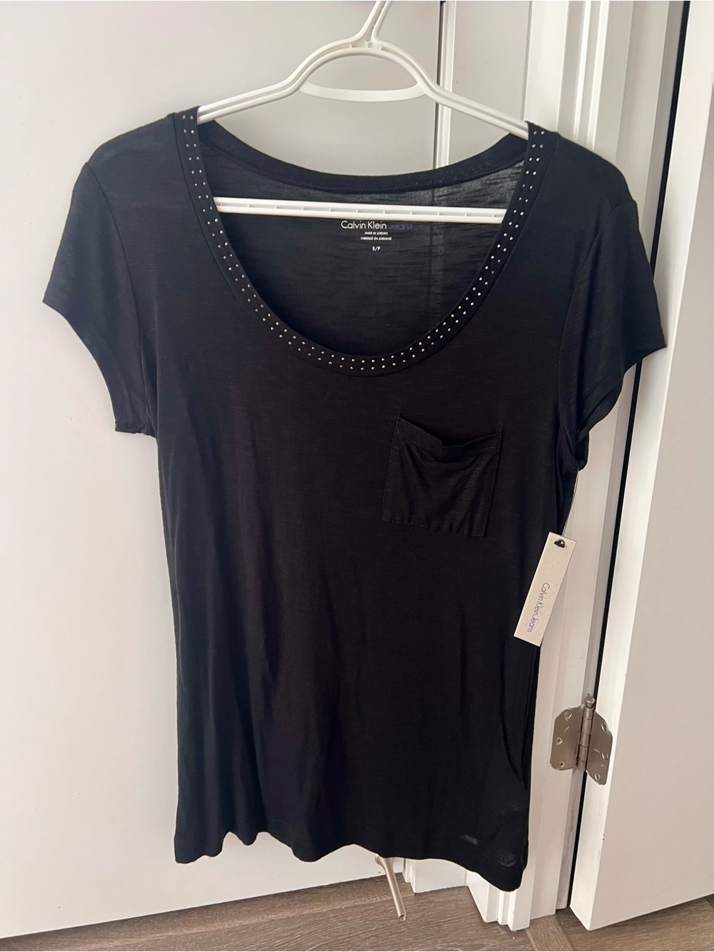 Calvin Klein Black Short-Sleeve Scoop Neck Tee with Studded Trim